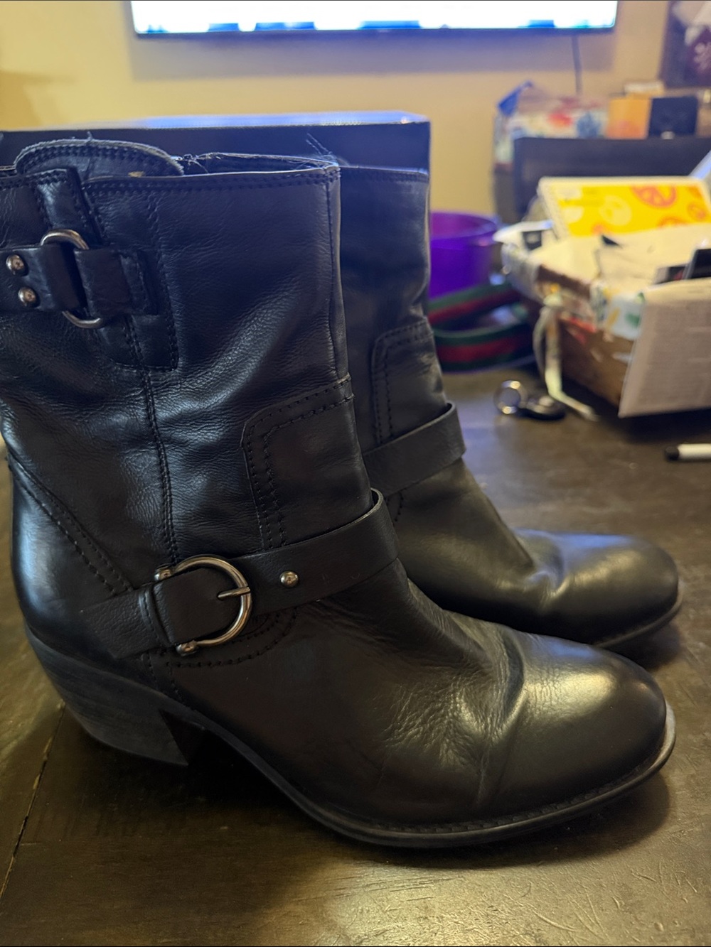 Clarks Black Leather Buckle Ankle Boots